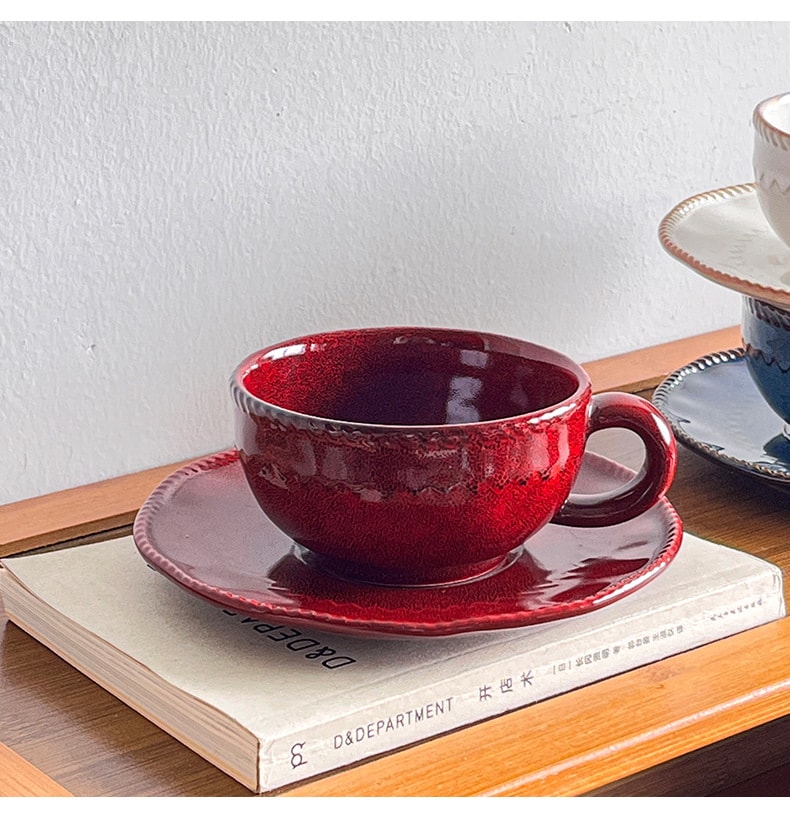 コーヒーカップ ソーサー セット 陶器 窯変 アンティーク レトロ カフェ ティーカップ 洋食器 ギザギザ 模様 来客用 ギフト 贈り物 ハンドメイド風 ティータイム 碗皿セット コーヒー碗皿 珈琲カ