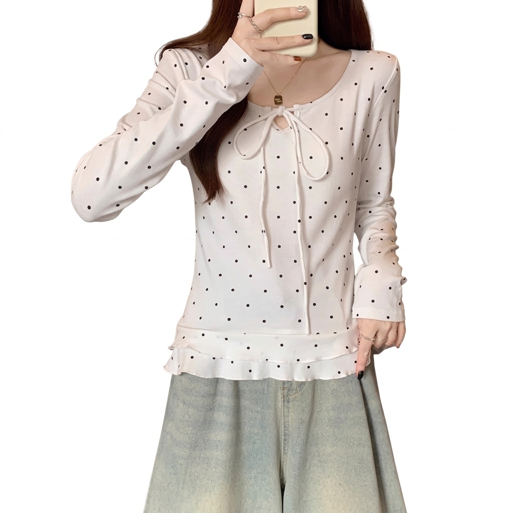 ドット柄 カットソー レディース 長袖 リボン フレンチガーリー トップス 春 秋 大人 可愛い フェミニン フリル メロー インナー オフィスカジュアル きれいめ 伸縮性