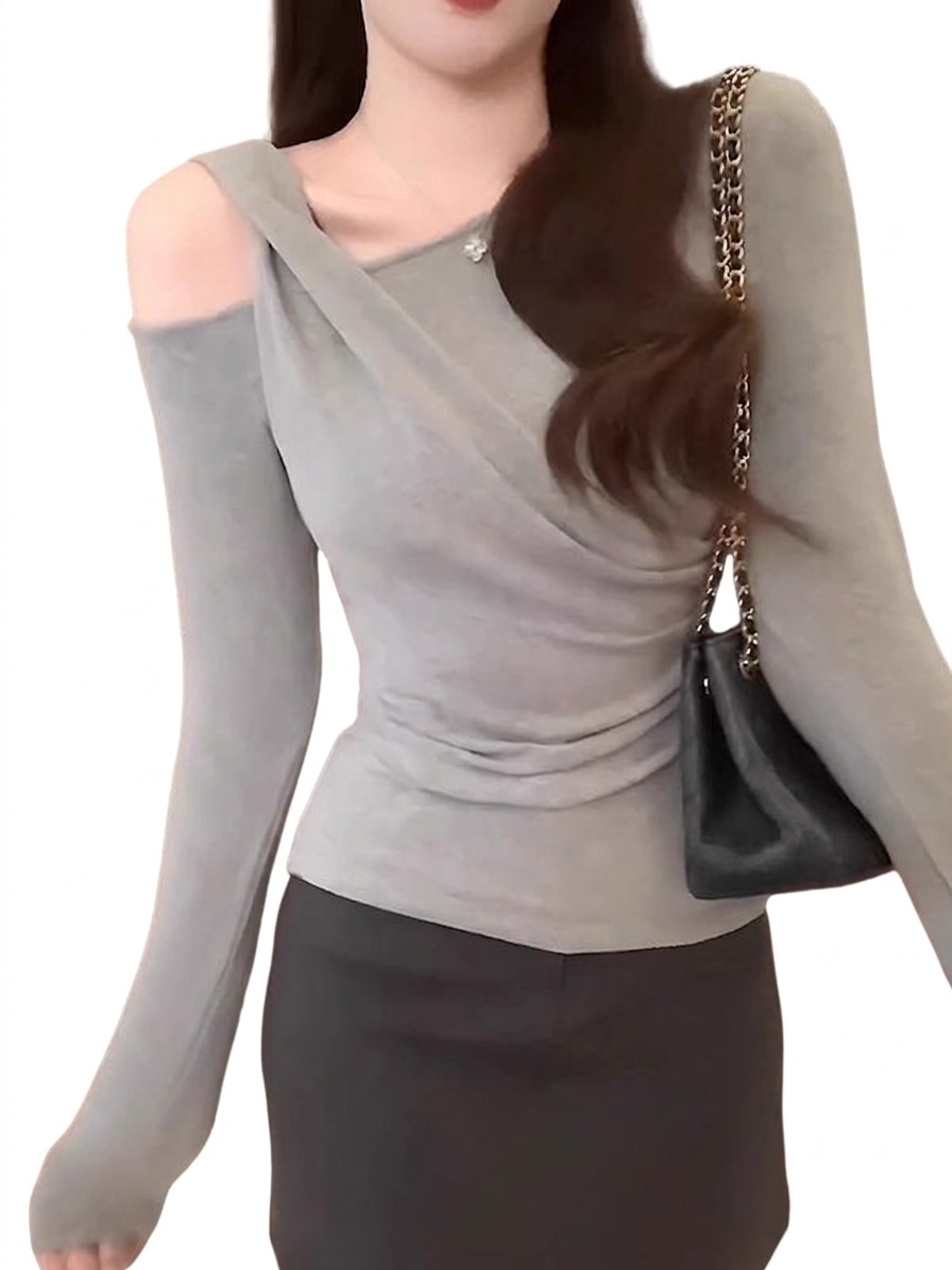 ロングTシャツ レディース オフショル 長袖 クロスドレープ セクシー 大人 ファッション おしゃれ 着痩せ ボディコン ソフトタッチ アシンメトリー 肩出し 肩あき 可愛い 無地 柔らかい カットソ