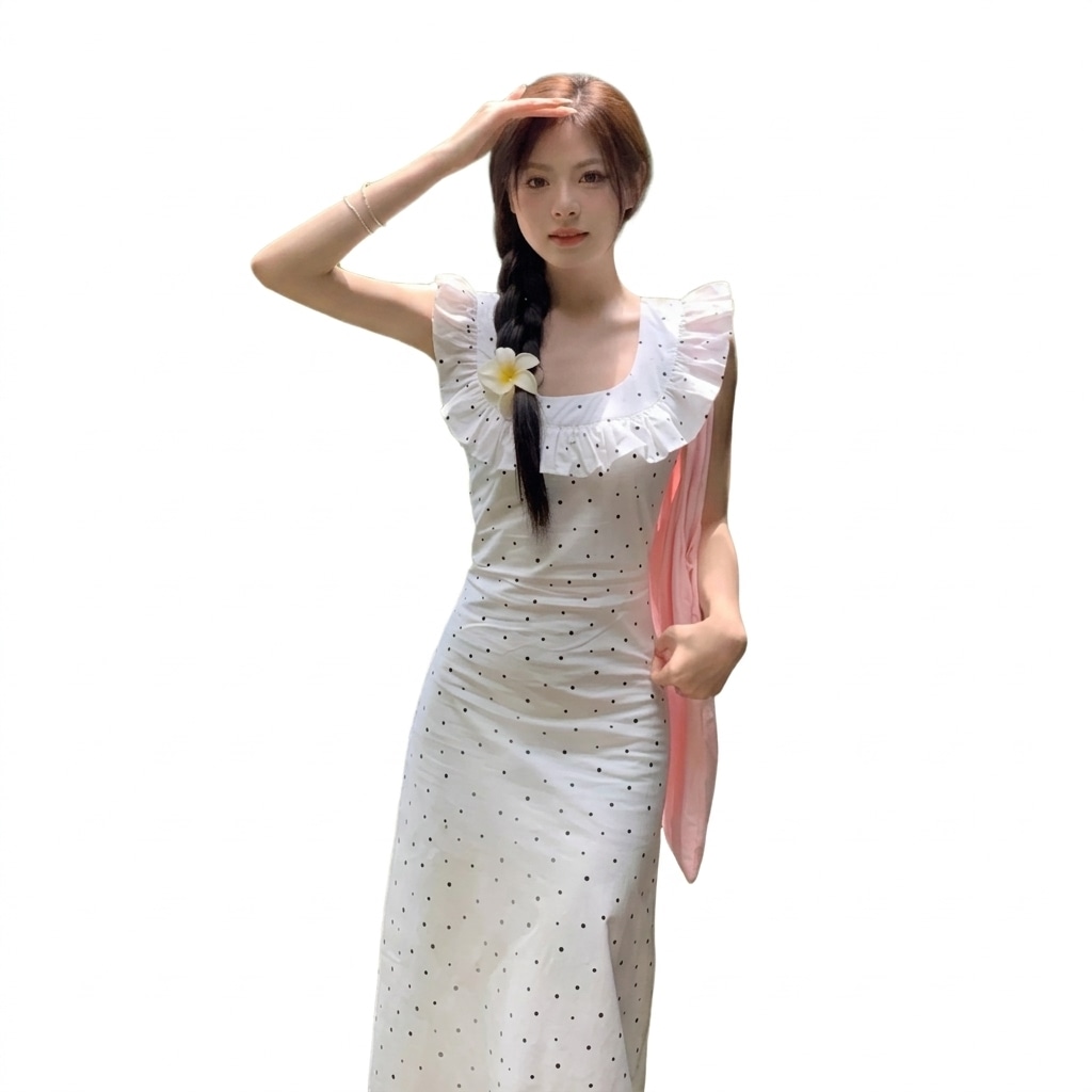 ワンピース レディース 夏用 カジュアル お出かけ デート ミディアム丈 ロング丈 ドット柄 高品質 リゾート 海 着痩せ フレンチスタイル フリルカラー ノースリーブ お洒落 ボディーライン プリン