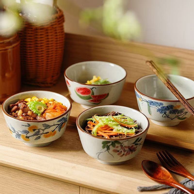 茶碗 お茶碗 小鉢 4個セット 陶器 レトロ 手描き風 和風 食器 ボウル ご飯茶碗 スープボウル デザートボウル 副菜皿 和モダン おしゃれ 飲食店 業務用 来客用 家庭用 ギフト プレゼント 電子