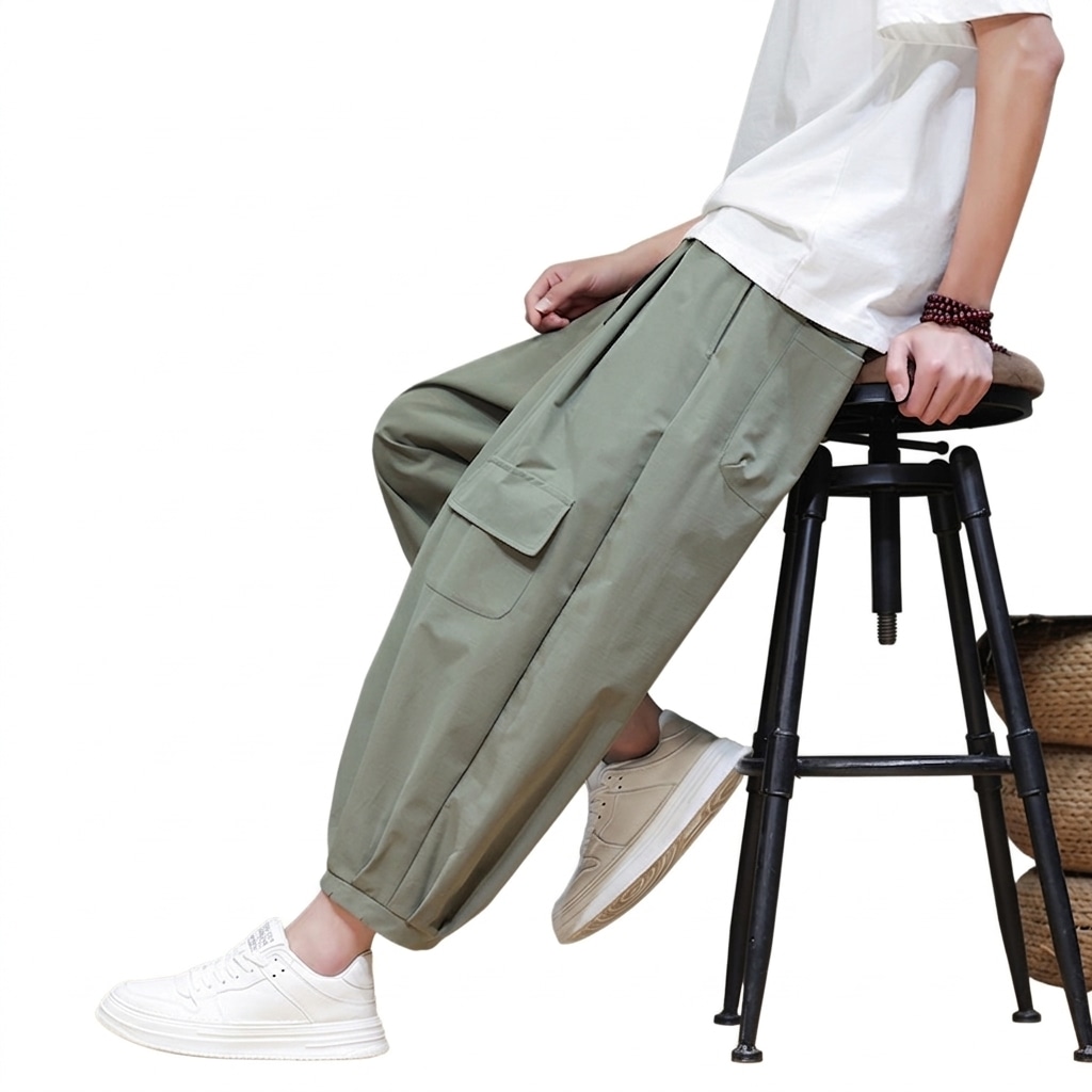 ワイドパンツ メンズ カーゴパンツ サルエルパンツ ゆったり ワークパンツ 涼しい 薄手 綿麻風 大きいサイズ カジュアル ロングパンツ ズボン 夏用 ボトムス 無地 部屋着 裾ゴム 通気性 快適 九