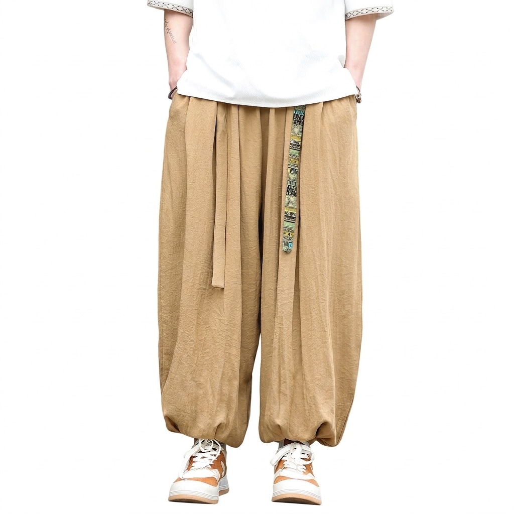 ワイドパンツ メンズ サルエルパンツ カジュアル モード系 バルーン シルエット ウエストゴム ゆったり ポケット 大きい 夏服 リネン風 麻混 通気性 春 夏 ストリート 部屋着 涼しい ふわふわ