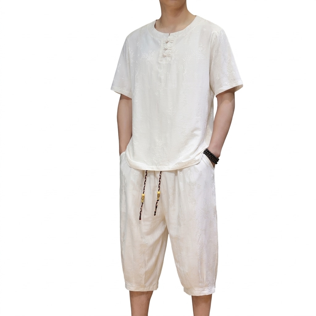 上下セット メンズ セットアップ 半袖 七分丈 漢服 チャイナ風 ジャガード 織り柄 涼しい 部屋着 ルームウェア ゆったり 民族調 レトロ 夏服 クロップドパンツ 紳士 普段着 ワイド