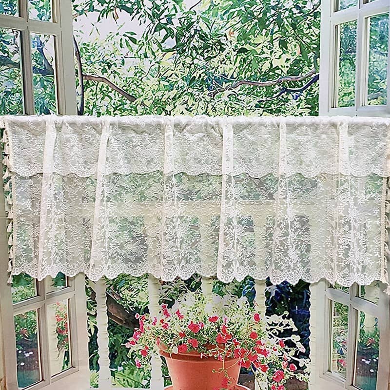 カフェカーテン レース 刺繍 花柄 小窓用 アンティーク調 レトロ 北欧風 飾り 突っ張り棒 通しタイプ 二重デザイン タッセル付き 透け感 ふんわり 目隠し インテリア キッチン 洗面所 出窓 玄関