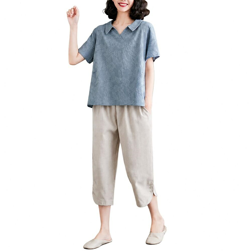 【綿麻混】セットアップ レディース 夏 半袖 上下仕掛ける 襟付き添い人 トップ クロップドパンツ 2点仕掛ける 体型押しかぶせる ゆったり テーパード ズボン リネン混 冷やりとした 通気性 ジャかばい立て 亭主もち 40代 50代 60代 70代 かっこ良い 母の日 差し上げ物 たわい無い 酉の方角天然ゴム お座敷着 スーツ・セットアップ-メンズファッション