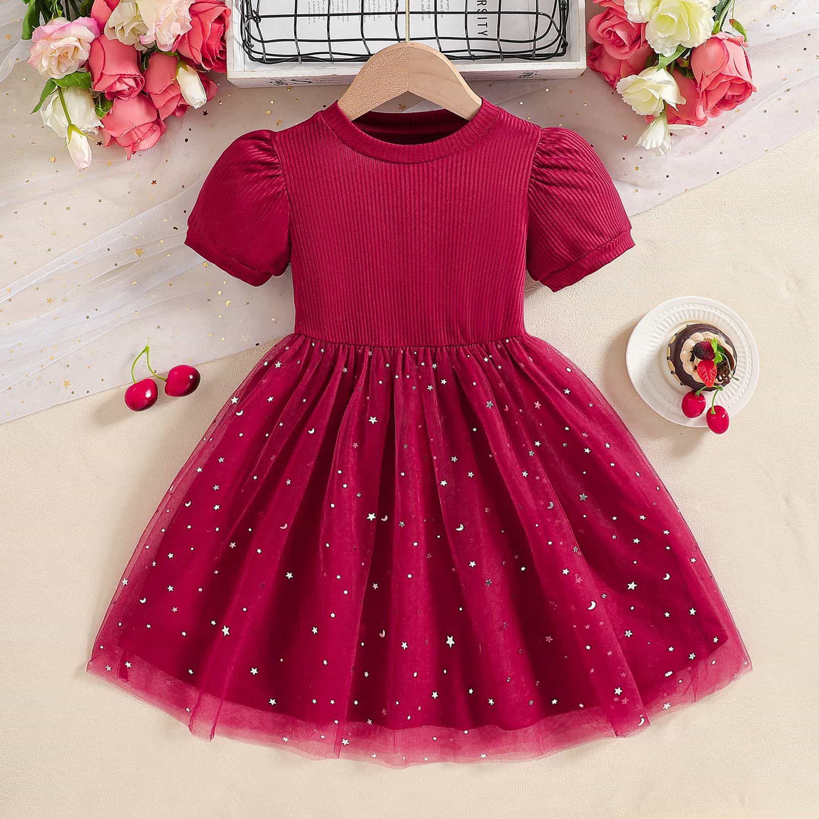 女の子 ワンピース 半袖 パフスリーブ 子供服 ドレス 星柄 チュールスカート リブニット キッズ チュニック プリンセス ふわふわ 清楚 発表会 誕生日 結婚式 お出かけ 通園 通学 春 夏 秋
