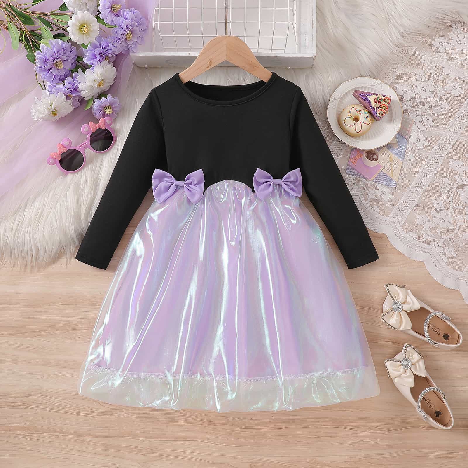 ワンピース 女の子 ガールズ 子供服 長袖 ウエストリボン オーロラ加工 ふわふわ きれいめ 可愛い おしゃれ 高見え お出かけ 誕生日 パーティー 発表会 ストレッチ クルーネック 秋服 冬服 普段