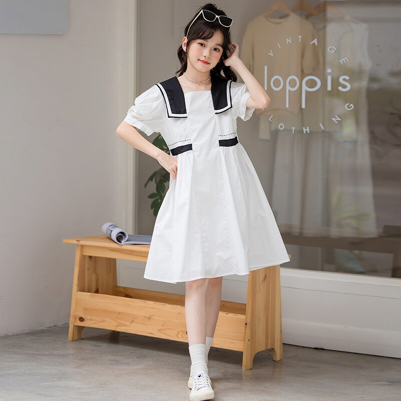 キッズ ワンピース 女の子 子供服 セーラーカラー パフスリーブ 襟付き 制服風 清楚 可愛い Aライン 膝丈 半袖 小学生 中学生 学院風 お出かけ 通学 発表会 カジュアル 春 夏 秋 110 1