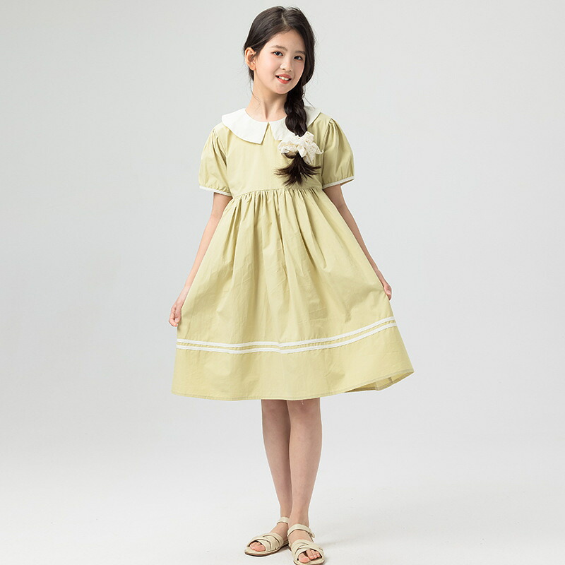 ワンピース 女の子 子供服 キッズ パフスリーブ 丸襟 ギャザー 膝丈 コットン お出かけ 普段着 通学 森ガール ナチュラル カジュアル かわいい プリンセス風 夏 春 半袖 清楚 上品 涼しい 1