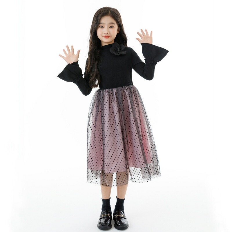 女の子 ワンピース チュールスカート ドット柄 長袖 花飾り 子供服 ハイネック フレアスリーブ キッズドレス 発表会 結婚式 卒園式 入学式 パーティー フォーマル かわいい おしゃれ ふんわり 秋