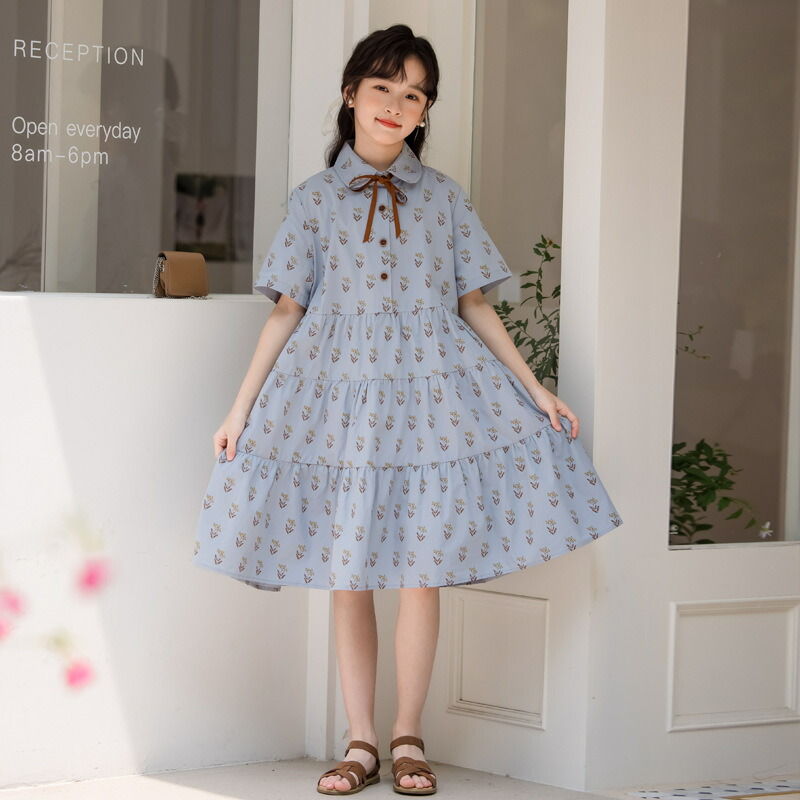 女の子 ワンピース キッズ 子供服 小学生 襟付き リボン ティアード Ａライン 半袖 花柄 総柄 膝丈 柔らかい カジュアル 森ガール ガーリー お出かけ 通学 春 夏