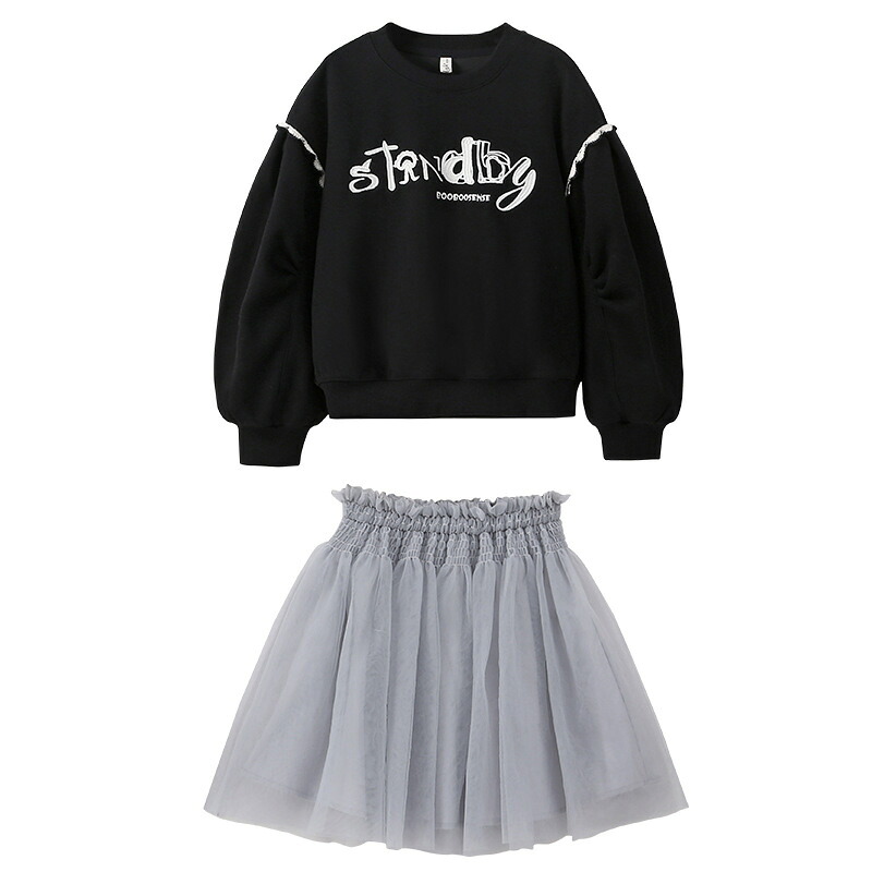 女の子 セットアップ 子供服 トレーナー チュールスカート 上下セット パフスリーブ 長袖 トップス ガーリー フレアスカート 2点セット クルーネック フリル カジュアル 通学 お出かけ 普段着 春