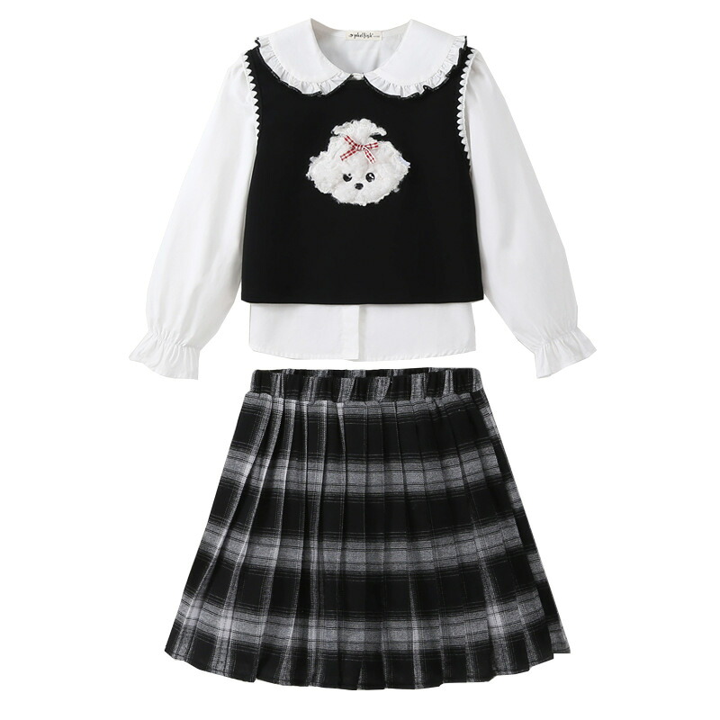 子供服 女の子 セットアップ アンサンブル 学院風 フォーマル カジュアル チェック柄スカート プリーツスカート ブラウス フリル襟 長袖 レイヤード風 重ね着風 発表会 入学式 卒業式 通学 可愛い