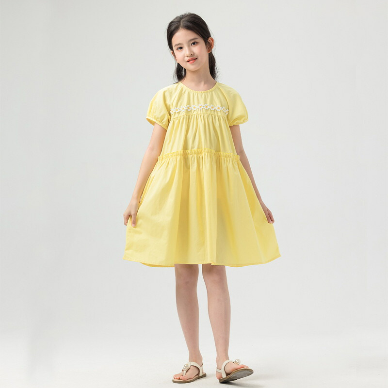子供服 女の子 ワンピース 夏 半袖 膝丈 ティアード 花柄 刺繍 パフスリーブ Aライン キッズ服 おしゃれ カジュアル お出かけ 発表会 通学 通園 春夏 涼しい ふんわり かわいい ガールズ フ