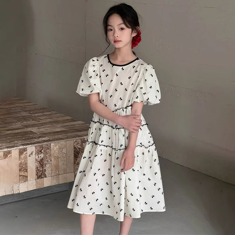 子供服 女の子 ワンピース キッズ 夏 パフスリーブ リボン柄 ティアード 膝丈 Aライン 半袖 子供 ドレス おしゃれ 可愛い 上品 カジュアル お出かけ 通学 通園 発表会 結婚式 法事 涼しい