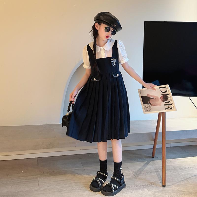 子供服 ワンピース アカデミー 清楚 入園式 卒園式 発表会 法事 礼服 英国風 ジャンパースカート プリーツスカート ブラウス パフスリーブ 丸襟 刺繍 ポケット付き 半袖 春夏秋 女の子 女児 キ