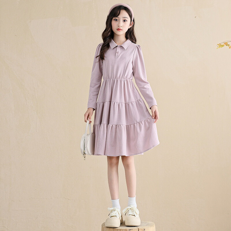 子供服 女の子 ワンピース 襟付き 長袖 ティアードワンピース ポロワンピース キッズ チュニック カジュアル 膝丈 ガーリー かわいい 通学 普段着 お出かけ 春 秋 柔らかい 綿 ジュニア 姉妹