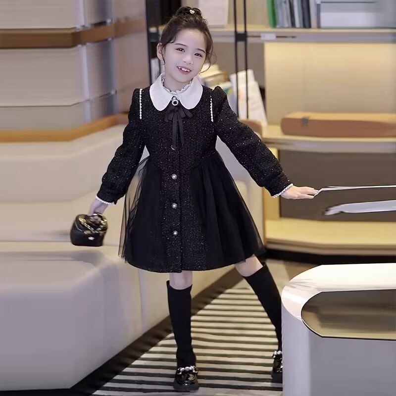 ワンピース 女の子 子供服 ツイード チュール 切り替え 長袖 丸襟 リボン フォーマル 上品 キッズ プリンセス 発表会 結婚式 入学式 卒業式 膝丈 秋冬 法事 七五三 卒園式 入園式 お呼ばれ