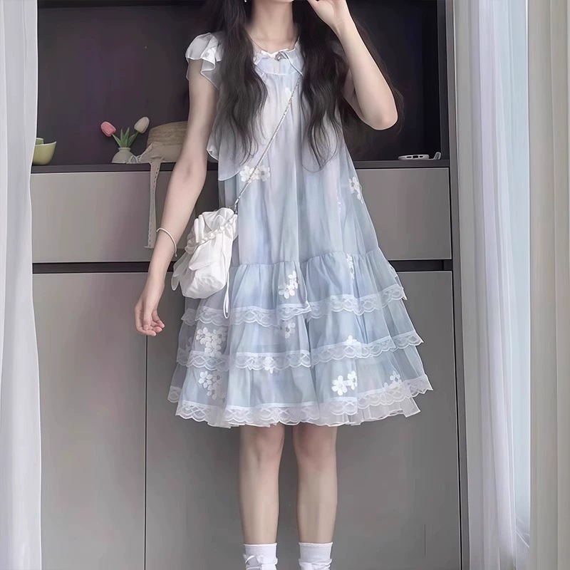 ワンピース 女の子 キッズ チュール レース 刺繍 花柄 夏物 子供服 ノースリーブ フリル ティアード 膝丈 ふんわり かわいい 発表会 誕生日 普段着 涼しい お出かけ プリンセス ドレス 清楚