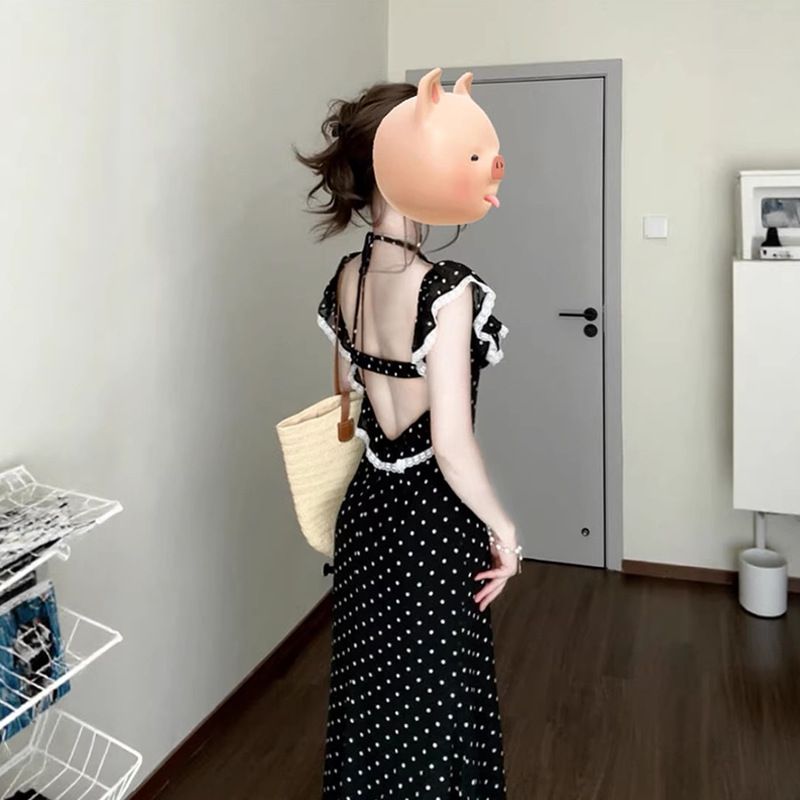 水玉 ワンピース ロング 背中あき ホルターネック フリル リゾート タイト ドレス きれいめ セクシー 夏 レディース マキシ丈 ドット柄 Aライン 痩せ見え 着痩せ パーティー お呼ばれ 二次会