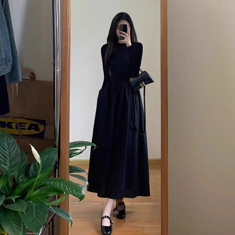 ワンピース レディース 長袖 ブラック Aライン ハイウエスト ロングワンピース マキシ丈 きれいめ 上品 着痩せ 体型カバー 秋冬 春 無地 カジュアル フォーマル 結婚式 二次会 通勤 20代 3