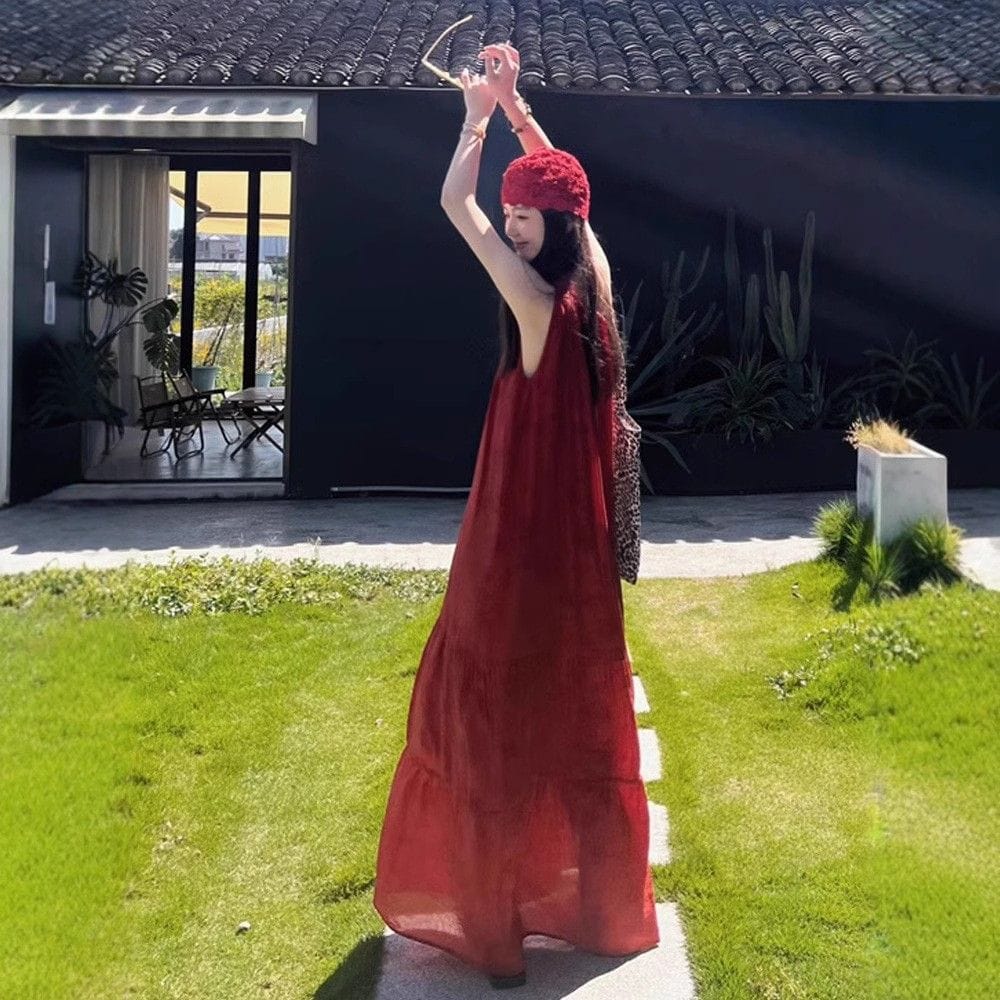 ロングワンピース レディース 夏 リゾート ティアード Aライン ノースリーブ マキシ丈 赤 ゆったり 体型カバー ビーチ 旅行 きれいめ カジュアル 無地 涼しい 綿麻風 ふんわり エレガント 20