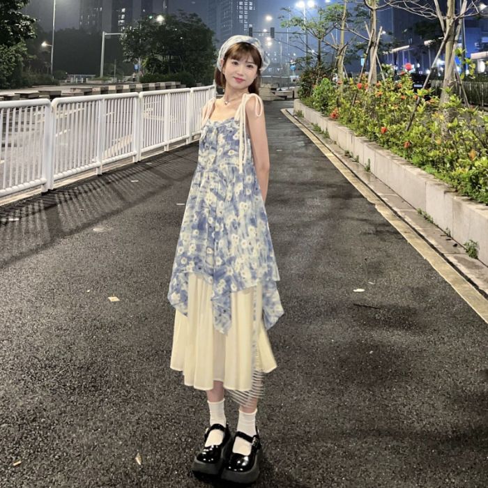 ワンピース レディース 小花柄 フレンチ ガーリー 夏物 セットアップ キャミソール ティアード スカート 2点 セット デイジー 花柄 シフォン 涼しい 体型カバー 肩リボン フェミニン 森ガール