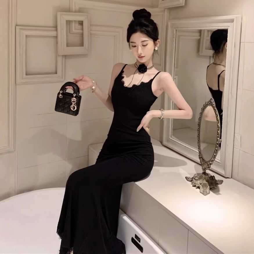 ロングワンピース レディース ブラック レース セクシー マーメイド ドレス タイト Vネック キャミソールワンピース 背中あき 着痩せ ロング丈 パーティードレス 結婚式 お呼ばれ 二次会 披露宴