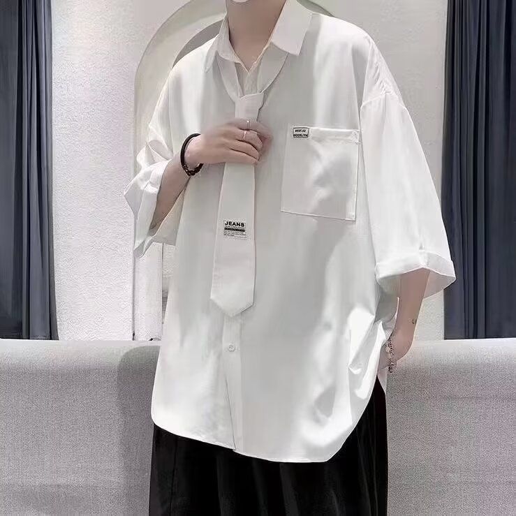 半袖シャツ メンズ ネクタイ付き オーバーサイズ ビッグシルエット ゆるめ カジュアル シャツ 夏服 無地 ストリート系 ファッション さらさら 涼しい 快適 胸ポケット ワンポイント 制服風 通学