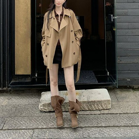 トレンチコート レディース 痩せ見え オーバーサイズ ライトアウター 美シルエット 通勤 カジュアル 秋服 ショート丈 コート ダブルボタン ウエストマーク ビッグカラー 春秋 きれいめ 細見え スプ