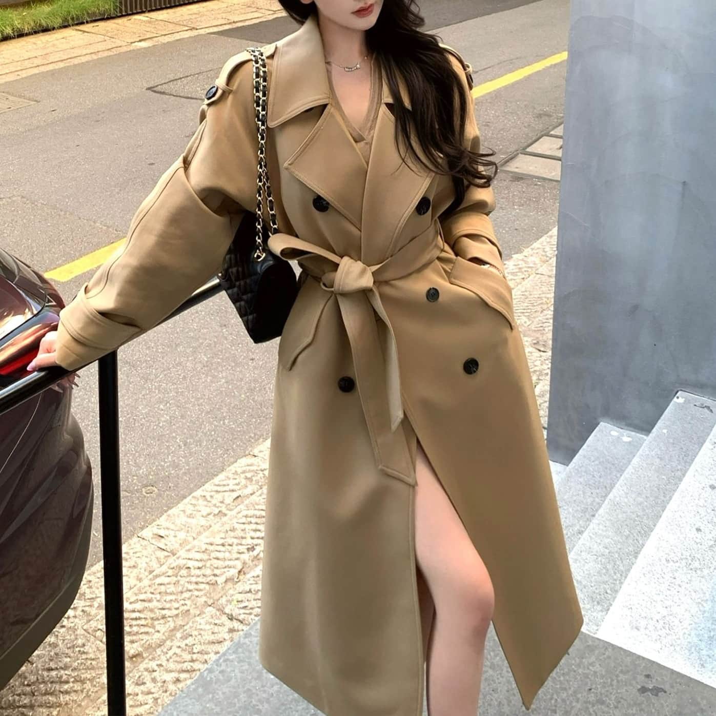 トレンチコート レディース ロング丈 ダブルボタン ベルト付き スプリングコート きれいめ 通勤 オフィス 秋物 ライトアウター 羽織り ゆったり オーバーサイズ 体型カバー カジュアル フォーマル