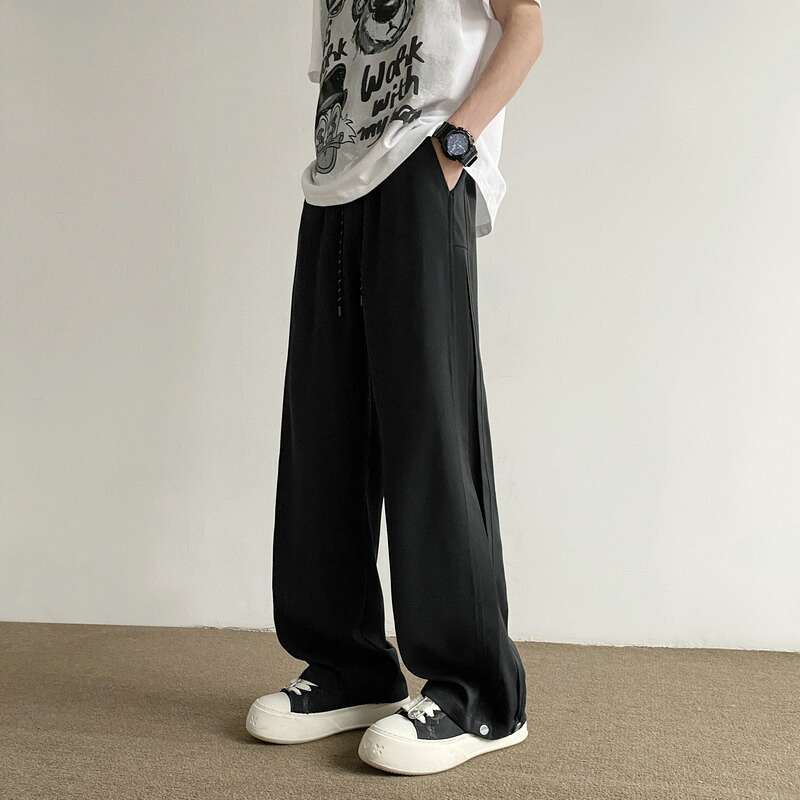 ワイドパンツ メンズ オーバーサイズ ストレート ドレープ感 接触冷感 速乾 カジュアル モード スラックス フルレングス ロング 楽ちん 快適 通気性 センタープレス サラサラ 無地