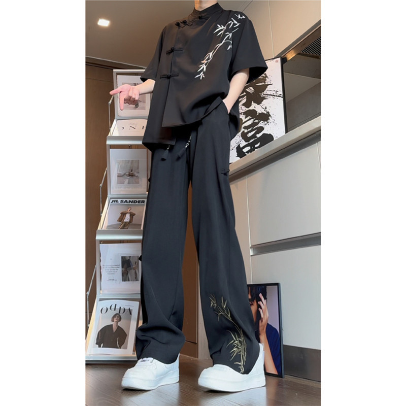 チャイナ服 セットアップ メンズ 半袖 龍 笹 刺繍 功夫 部屋着 カンフーシャツ ワイドパンツ シルク風 とろみ 涼しい スタンドカラー 上下セット ゆったり 夏用 カジュアル ルームウェア ストリ