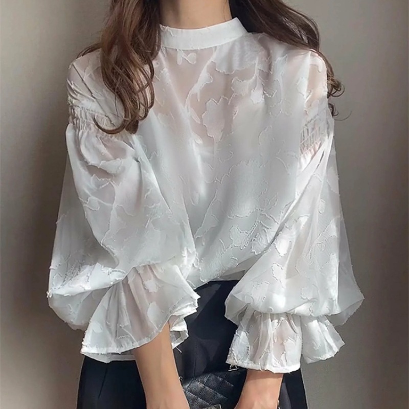 ブラウス レディース トップス 長袖 シアー 刺繍 ジャガード ハイネック パフスリーブ キャンディースリーブ ぽわん袖 透け感 立ち襟 きれいめ 上品 大人可愛い 森ガール おしゃれ カジュアル フ