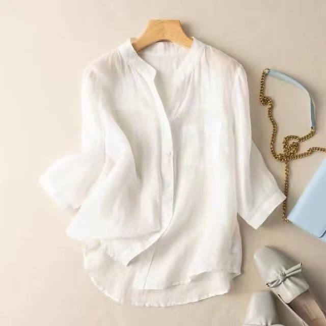 ブラウス レディース オフィスカジュアル 夏服 春物 スタンドカラー Vネック 半袖 七分袖 トップス ミドルスリーブ ボタンダウン ポケット付き シャリ感 シンプル 透け感 大人 カジュアル 涼しい