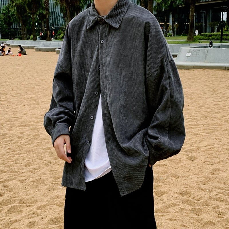 コーデュロイシャツ メンズ 長袖 ビッグシルエット オーバーサイズ トップス カジュアル 秋服 冬服 羽織り ゆったり 無地 シンプル ストリート ドロップショルダー 春 秋 冬 襟付き ワークシャツ