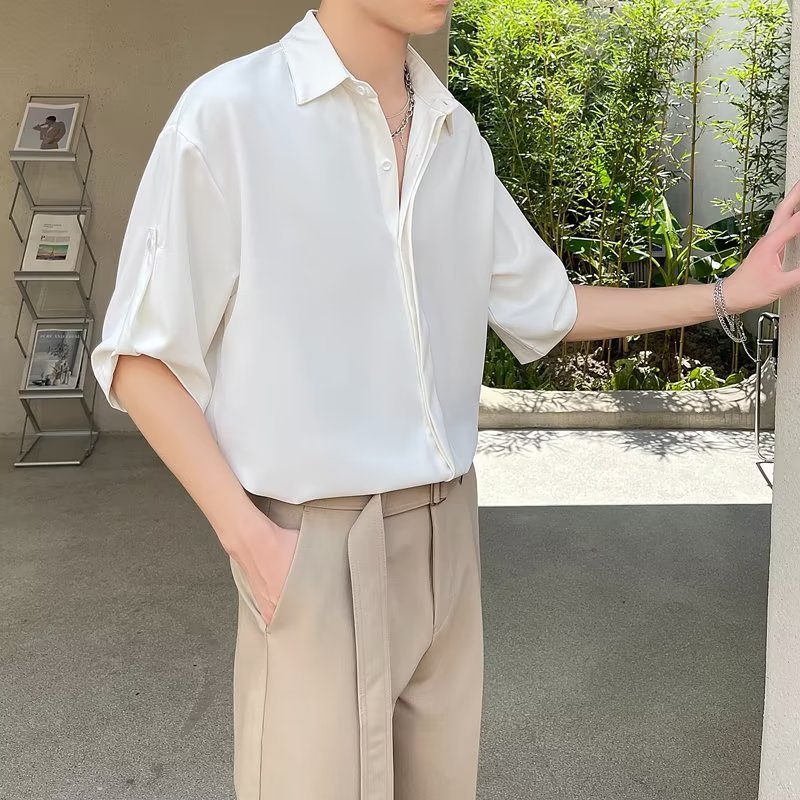メンズ 半袖シャツ ビッグシルエット ドレープ感 とろみ素材 襟付き トップス カジュアル オフィス 清潔感 無地 涼しい 快適 しわになりにくい オーバーサイズ ゆったり 速乾 軽い着心地 キレイめ