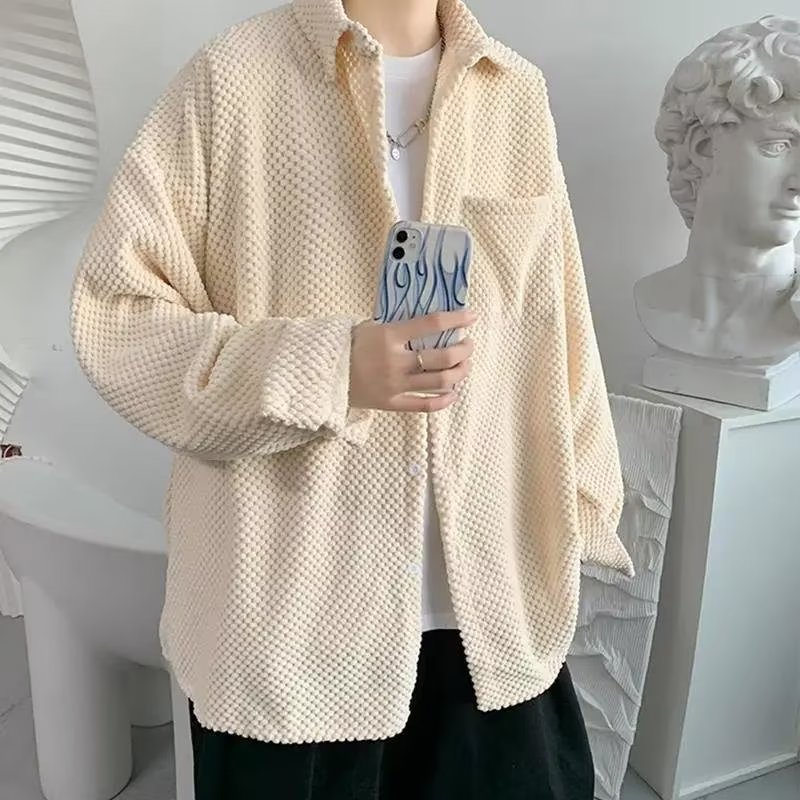 ワッフル シャツ メンズ 長袖 襟付き ゆったり ビッグシルエット 春 秋 凸凹 トップス カジュアル ストリート 系 無地 羽織り 重ね着 お洒落 清潔感