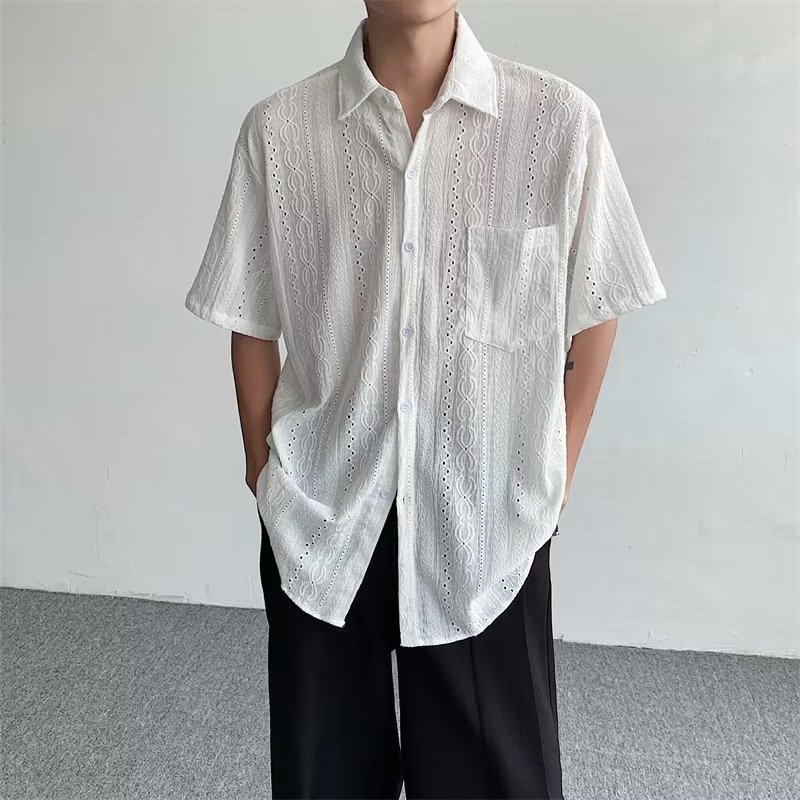 半袖シャツ メンズ 透かし編み レース ジャガード 夏服 涼しい ゆったり ビッグシルエット カジュアル トップス 襟付き きれいめ 通気性 軽い 無地 デザイン ストリート モード おしゃれ 春 夏