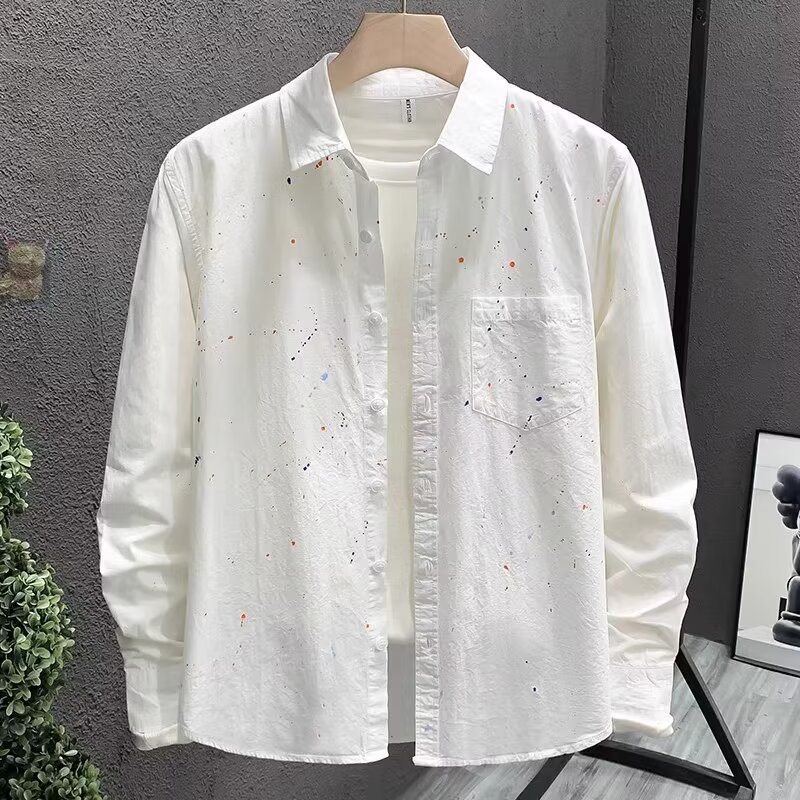 カジュアルシャツ メンズ 袖 ペイント柄 ストリート系 ファッション トップス おしゃれ 胸ポケット付き ゆったり 大きいサイズ 春 秋 通勤 通学 普段着 羽Jり 軽い 着心地