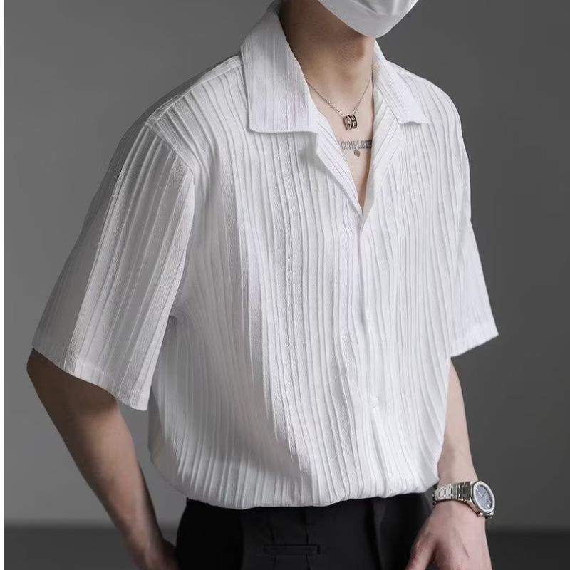 シャツ メンズ 半袖 接触冷感 プリーツ オープンカラー 開襟シャツ カジュアル 涼しい 夏服 きれいめ 上品 トップス 無地 おしゃれ ゆったり オーバーサイズ ビッグシルエット ストレッチ 吸汗速