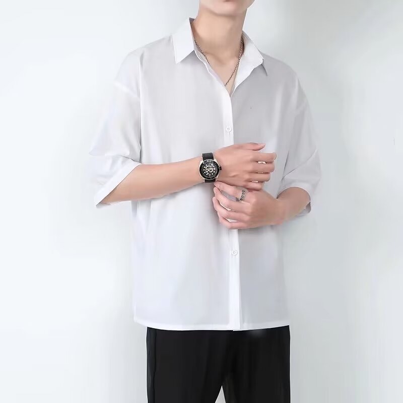 シャツ メンズ 半袖 カジュアル オーバーサイズ ビッグシルエット きれいめ 無地 襟付き ゆったり とろみ素材 五分袖 トップス 春 夏 秋 通学 通勤 柔らかい 軽い 涼しい 大きいサイズ 羽織り