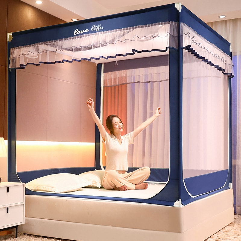 蚊帳 ベッド用 四角 支柱付き ベッドカーテン モスキートネット ファスナー付き レース付き 通気性 虫除け 快適 睡眠 安眠 設置簡単 大人 子供 家族 かや 寝室 おしゃれ エレガント 折り畳み|ゴールドルーフショップ