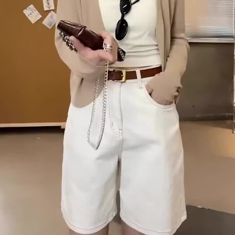 レディース デニム ショートパンツ ハーフパンツ ハイウエスト 膝丈 5分丈 ワイドパンツ ストレート 美脚 着痩せ カジュアル 春 夏 秋 大きいサイズ ゆったり 美シルエット 普段着 通学 通勤