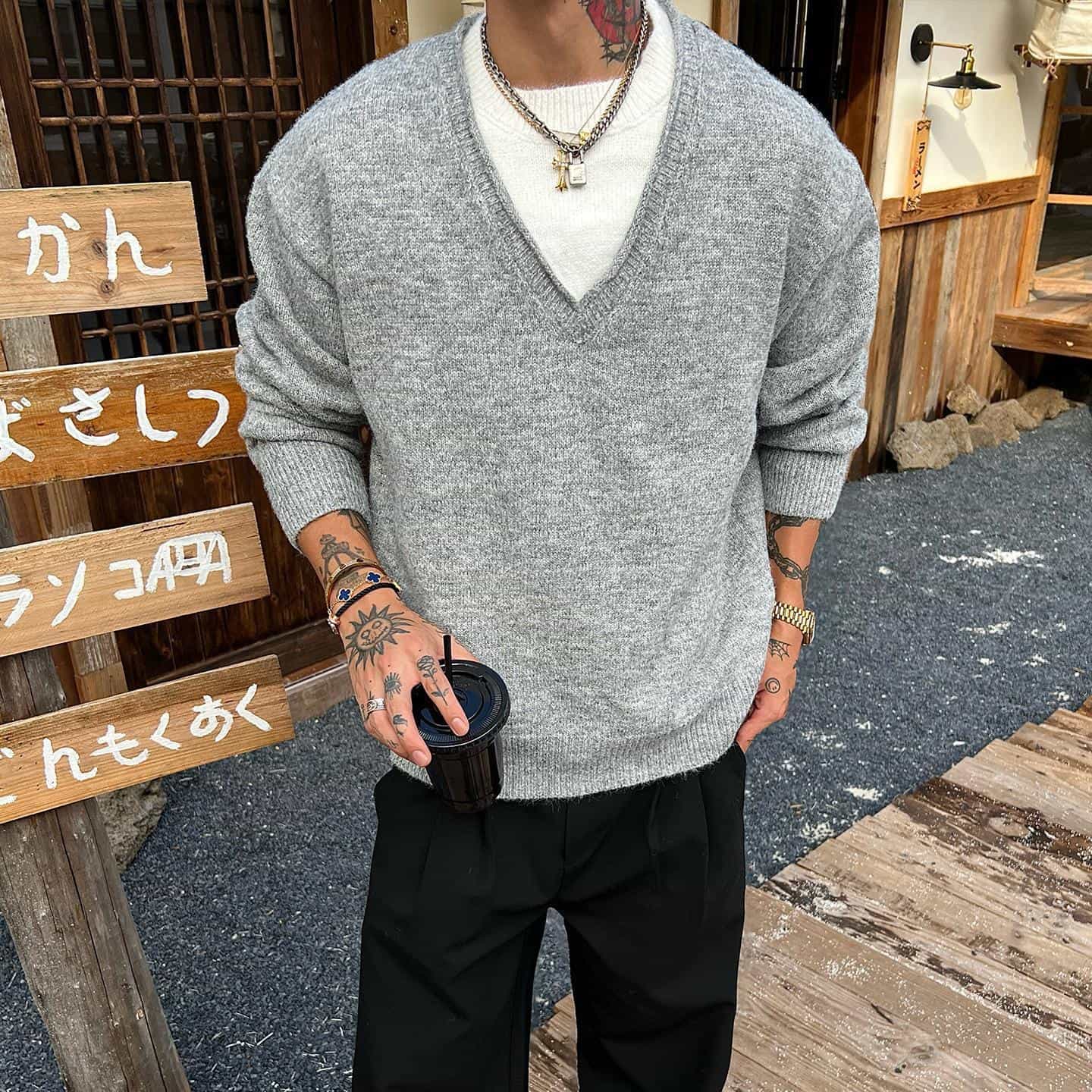 ネック セーター メンズ オーバーサイズ ニット モヘアタッチ 厚手 暖かい ファッション ストリート カジュアル トップス ざっくり 無地 ドロップショルダー ゆったり 春 秋 冬 アプリコット