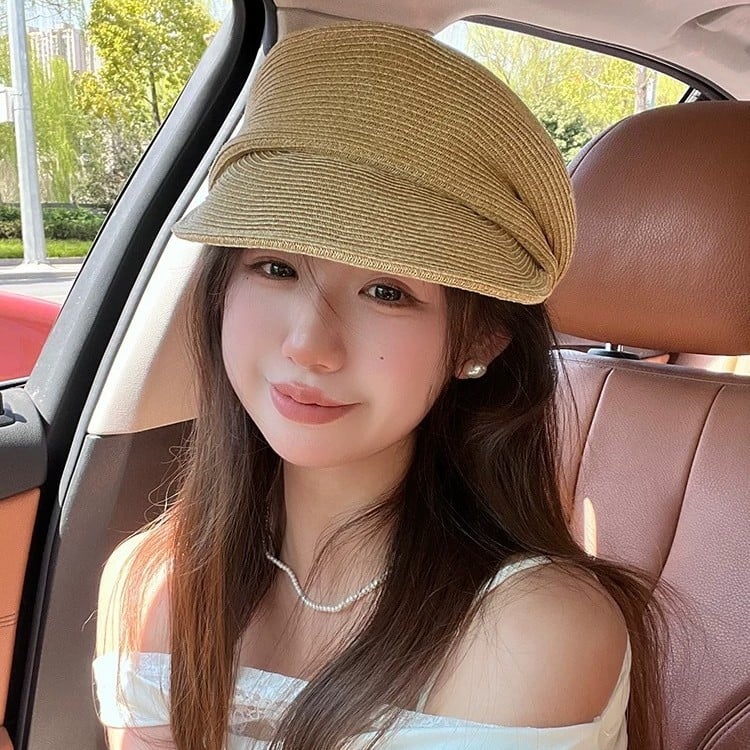 キャスケット レディース 帽子 麦わら 皮つば 異素材切替 小顔効果 春夏 ハンチング 通気性 カジュアル 可愛い お洒落 親子 ペアルック カーキ