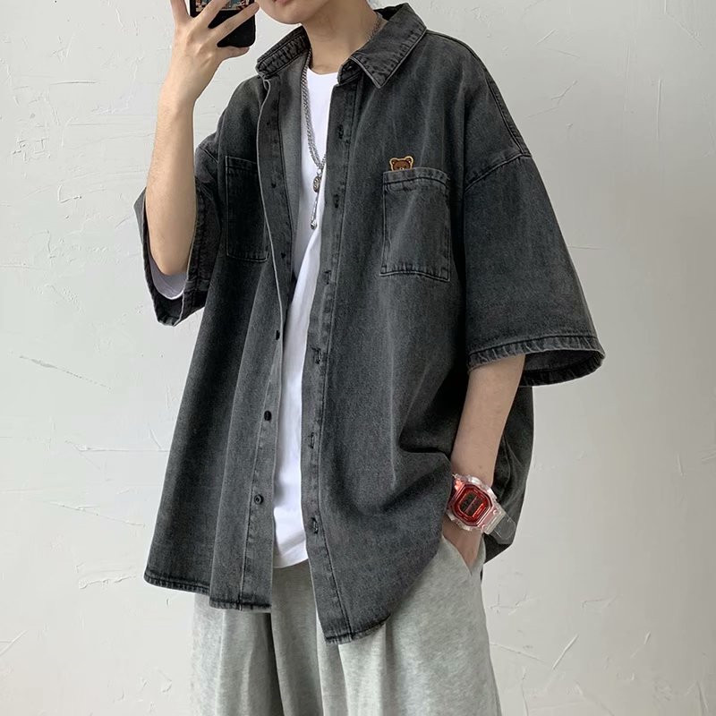 デニムシャツ メンズ オーバーサイズ ストリート カジュアル クマ 刺繍 ドロップショルダー 半袖シャツ ウォッシュ ヴィンテージ ゆったり ゆるめ 系 ストリート系 すっきり シンプル ワークシャツ