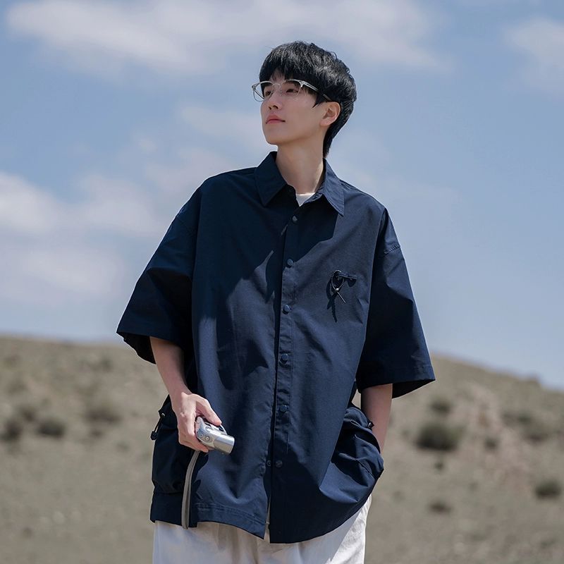 カジュアルシャツ メンズ 半袖 ビッグシルエット オーバーサイズ 夏服 ワークシャツ 無地 襟付き おしゃれ ゆったり 軽い 通気性 吸汗速乾 春夏 通勤 通学 お出かけ トップス シャツ 5分袖 大