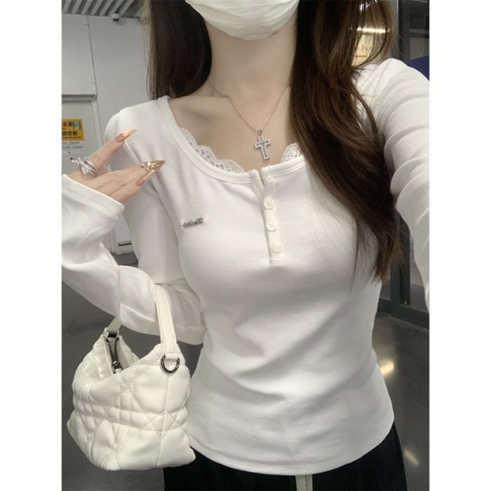 カットソー レディース 長袖 トップス レース Vネック ヘンリーネック スリム リブ ニット Tシャツ インナー 無地 きれいめ お洒落 秋 冬 春